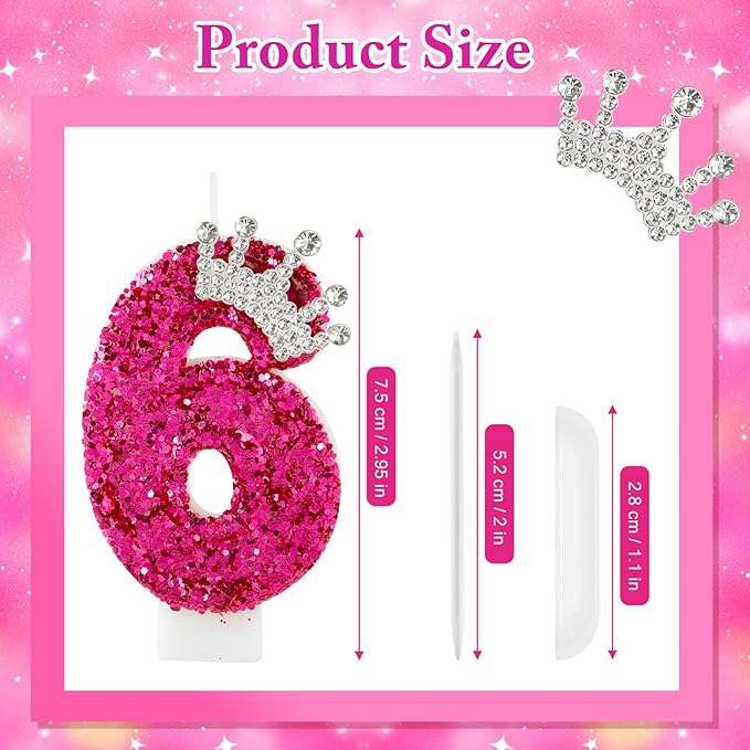 AKURIEEY Hot Pink Birthday Candles Crown Number 6 Candle Birthday Party Decorations Cake Topper Cupcake Decor for Anniversary Celebrations Supplies