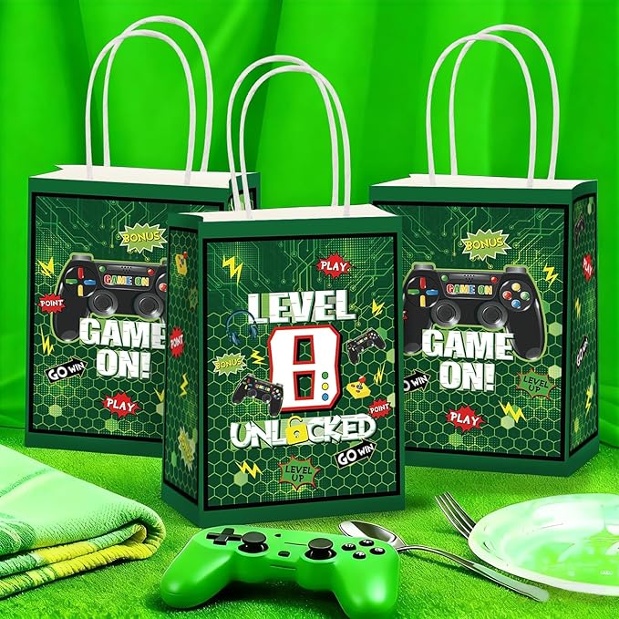 Grencian 16Pcs Video Game 8th Birthday Party Favor Bags Green Gamer 8th Birthday Candy Treat Gift Goodie Bags with Handles Gaming Level 8 Decorations for Boys Kids 8 Years Old Party Favors