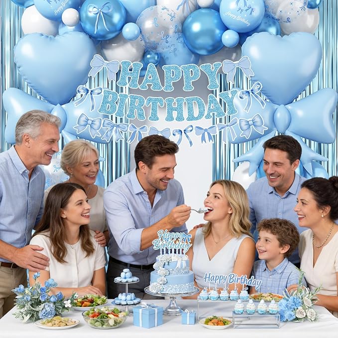 Blue Bow Birthday Party Decorations, Coquette Baby Blue White Bows Balloons with Mini Bows Decor Happy Birthday Banner Fringe Curtain for Women Girls Bows Bachelorette Baby Shower Party Decoration