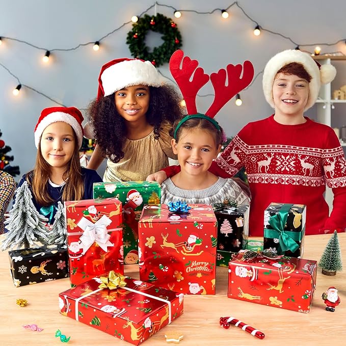 WERNNSAI Christmas Kids Wrapping Paper - 3 Rolls 17" x 120" Kids Christmas Foil Wrapping Paper Rolls Girls Boys Christmas Santa Wrapping Papers Christmas Birthday Gift Wrap Paper with Cutting Line