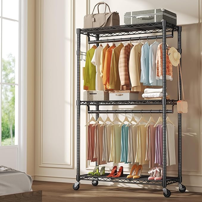 NEWBULIG Heavy Duty Adjustable Clothes Rack with Wheels, Adjustable Rolling Metal Freestanding Garment Closet Organizer with Double Rods & 2 Side Hooks for Hanging Clothes, 47"x17"x80", Black