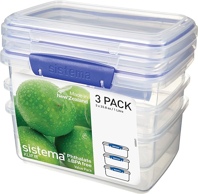 Sistema KLIP IT Rectangular Collection Food Storage Container, 33.8 oz./1.0 L, Clear/Blue, 3 Count