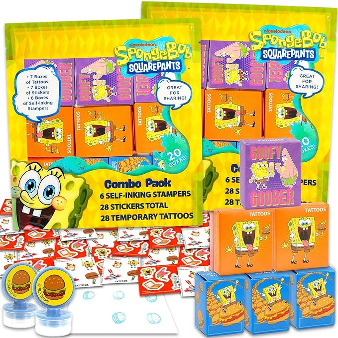 Spongebob Squarepants Party Favor Boxes Set Bundle with 40 Stickers, Tattoos, Stampers for Easter Gift Basket and Egg Hunt Fillers, More