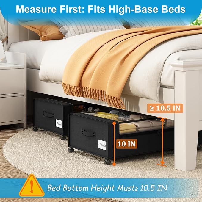 Under Bed Shoe Storage Organizer, 10 Inch Rolling Underbed Drawers for Clothes, Blankets, Winter Clothing & Shoes - Metal Frame Storage Bins with Handles, Dual Zippers, Clear Window 2 Pack Black