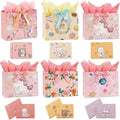 6 Pack Birthday Gift Bags Set for Kids ,Large Holiday Goody Bags with Handle, 6 Ribbons&6 Greeting Cards, Reusable Birthday Treat Bags for Party Favors,Candy,Toys,Classroom Gifts, Cartoon&Cute Design