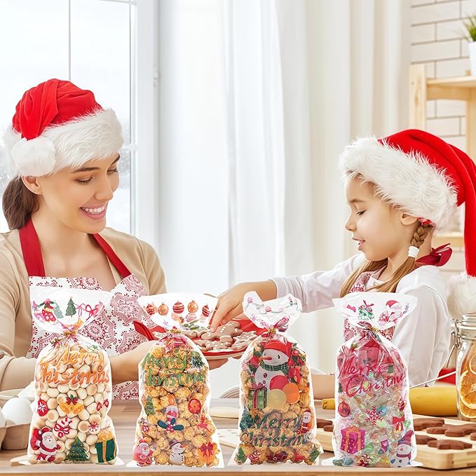 EatnMgan 200Pcs Christmas Cellophane Treat Bags,Cellophane Bags,Santa Claus Goodie Candy,Xmas Party Favors Bags Cellophane Candy bags with 220Pcs Twist Ties for Christmas Party Supplies