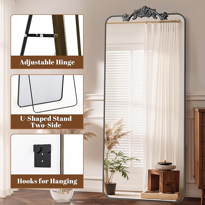Vintage Full Length Mirror, 81"x41" Floor Mirror with Carved, Full Body Mirrors for Home Decor, Standing/Hanging Large Wall Mirrors for Bedroom/Living Room/Entryway, Black, Retro Style