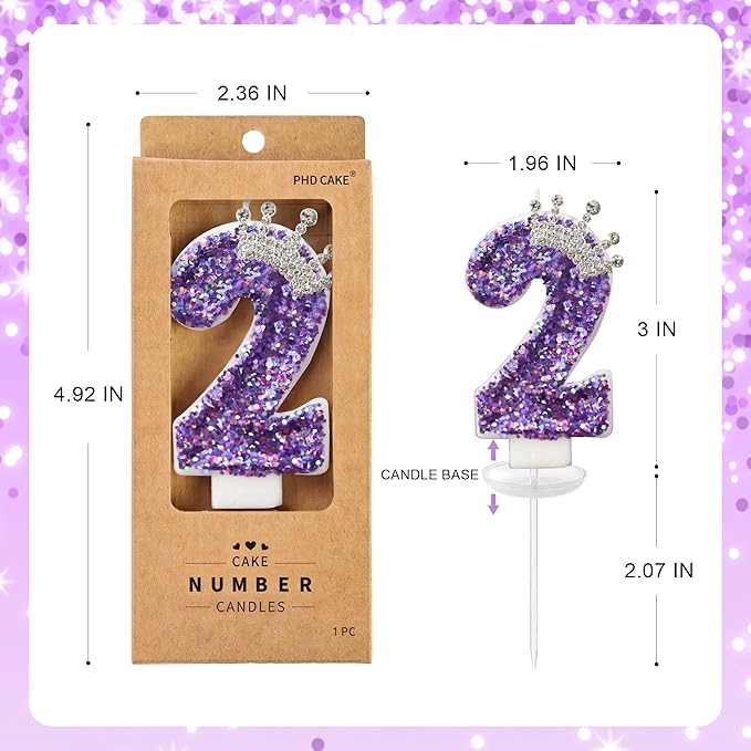 Birthday Number Candles,Purple Crown Birthday Candles for Cake,Glitter Number 2 Candle Cake Topper with Sequins for Anniversary Celebrations Supplies
