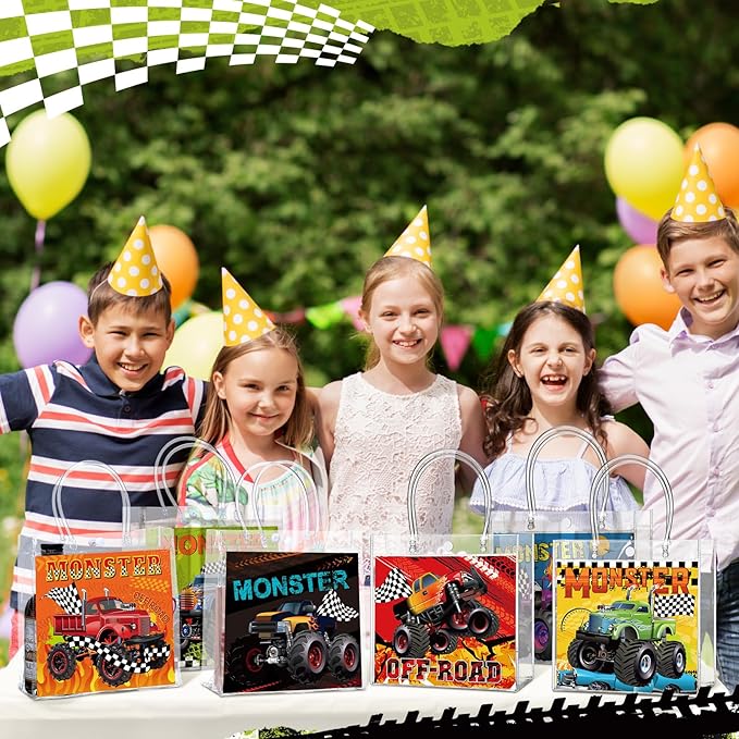Teenyyou 24 Pcs Truck Party Favor Bags PVC Goodie Treat Tote Clear Gift Bags with Handles Racing Truck Theme Birthday Party Supplies