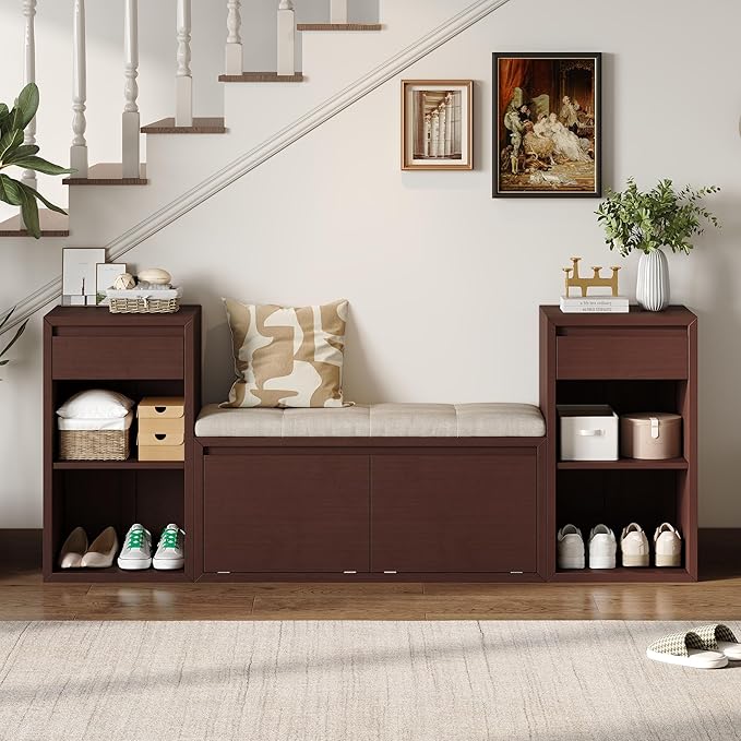 Merax All-in-One Shoe Storage Bench with Cushion & Flip Compartments, Entryway Bench with Drawers and Open Shelves, Solid Wood Storage Bench for Mudroom Hallway Living Room, Espresso