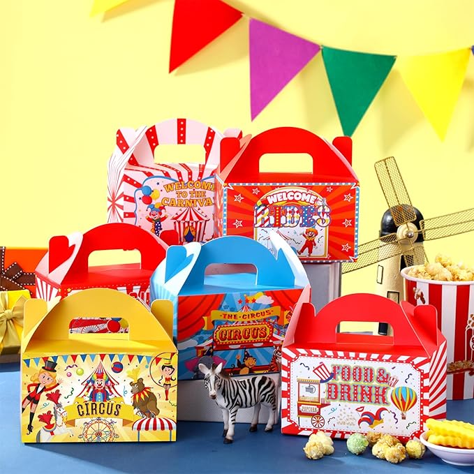 Dunzoom 24 Pcs Carnival Party Favors Carnival Decorations Boxes Goodie Candy Treat Gift Boxes with Handles Circus Candy Containers for Party Decorations Birthday Gift Wrapping
