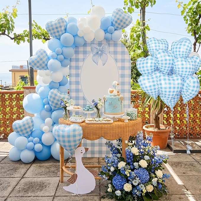 Blue Checkered Heart Balloons, 18 Inch Pastel Blue and White Gingham Heart Shaped Foil Balloon, 10Pcs Plaid Helium Balloon for Boy Baby Shower Retro Y2K Picnic Farmhouse Goose Checkerboard Theme Party