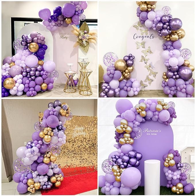 147pcs Purple and Gold Balloon Arch Kit, Party Decorations with Purple Light Purple Dark Purple Metallic Purple Balloons for Birthday Wedding Baby Shower Party Decoration Women
