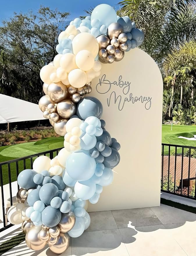 Dusty Blue and Gold Balloons, 50PCS 12 Inch Blue White and Gold Balloon Set, Neutral Elegant Party Decorations for Baby Shower Boy, Birthday, Gender Reveal, Wedding