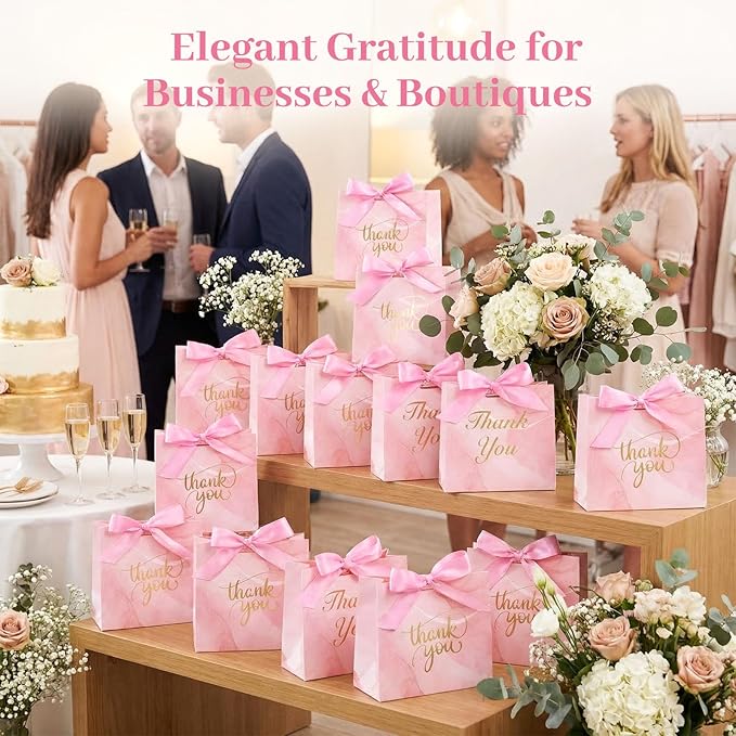 VGOODALL 24PCS Thank You Gift Bags, 4.5x3.9x1.8Inches Mini Party Favor Bags Pink Treat Boxes with Bow Ribbon for Wedding Bridal Baby Shower Birthday Party