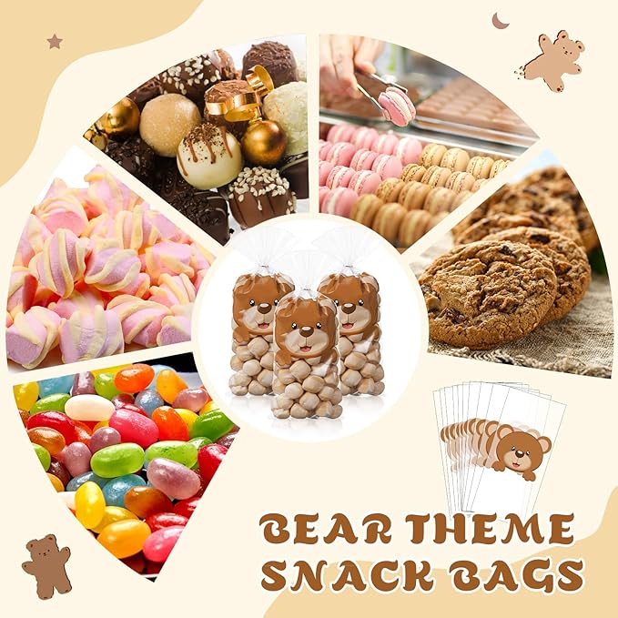 Capoda 100 Pcs Bear Cellophane Treat Bags Baby Shower Candy Bags Bear Theme Party Clear Goodie Snack Cookie Gift Wrapping with Twist Ties for Baby Shower Gender Reveal Boy or Girl Birthday Party