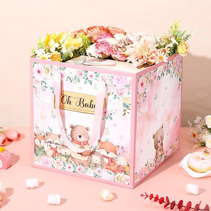 Extra Large Woodland Animal Baby Gift Bags for Girls, Pink Floral Woodland Square Gift Bag with Tissue Papers Jumbo Forest Animal Present Bag for New Baby Girls Gender Reveal Party Favors, 12*12 Inch