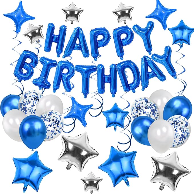 56 PCS Happy Birthday Balloons Happy Birthday Banner Silver and Black Balloons for Boys Men Girls Women 16th 18th 20th 21st 25th 30th 40th 50th 60th Birthday Party Decorations (Blue)