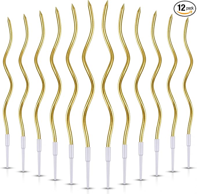12-Count Spiral Birthday Candles, Long Twisty Gold Party Candles with Candle Holders, Long Burning for Weddings, Birthdays, Party Decorations, Cupcakes, Anniversary and Meetups (Gold)