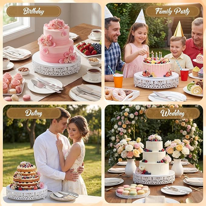 Wenqik 12 Inch White Cake Stand Set Metal Round Cupcake Dessert Stand with Cake Cutting, Spatula Wedding Cupcake Pastry Display Candy Holder Display for Wedding Party Birthday Baby Shower (Flower)