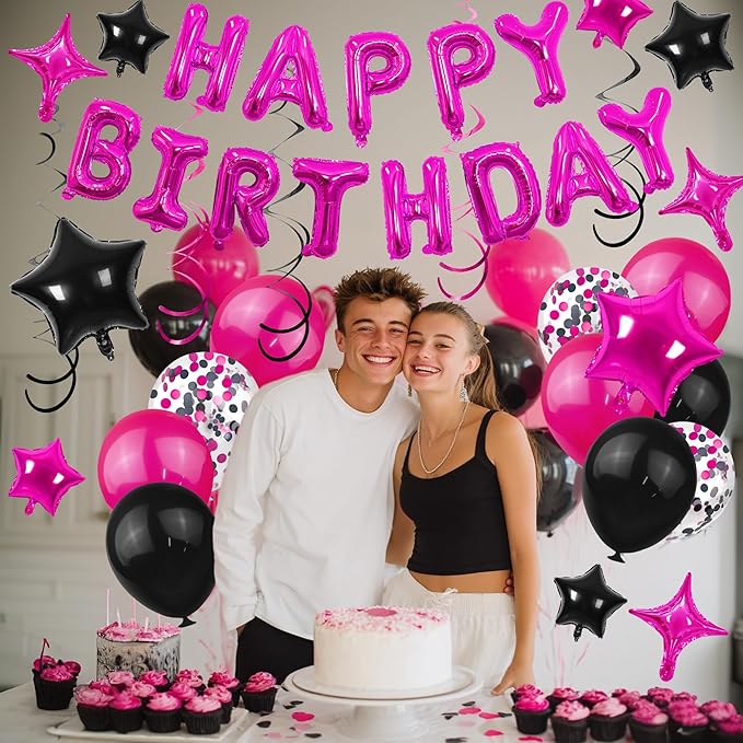 56 PCS Happy Birthday Balloons Happy Birthday Banner Rose Red and Black Balloons for Boys Men Girls Women 16th 18th 20th 21st 25th 30th 40th 50th 60th Birthday Party Decorations