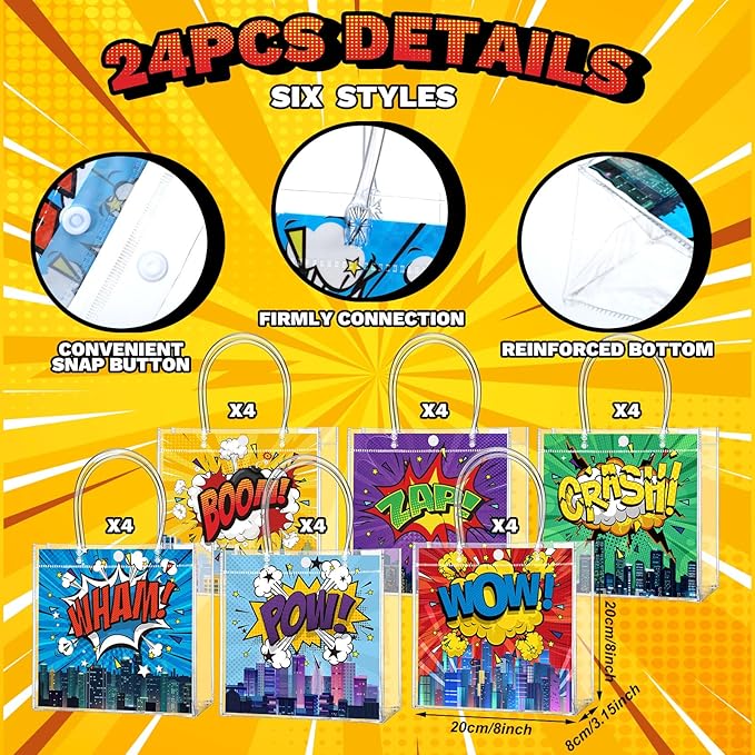 Teenyyou 24 Pcs Hero Clear Favor Bags with Handles Hero Party PVC Treat Plastic Gift Bags for Birthday Party Rewards Supplies