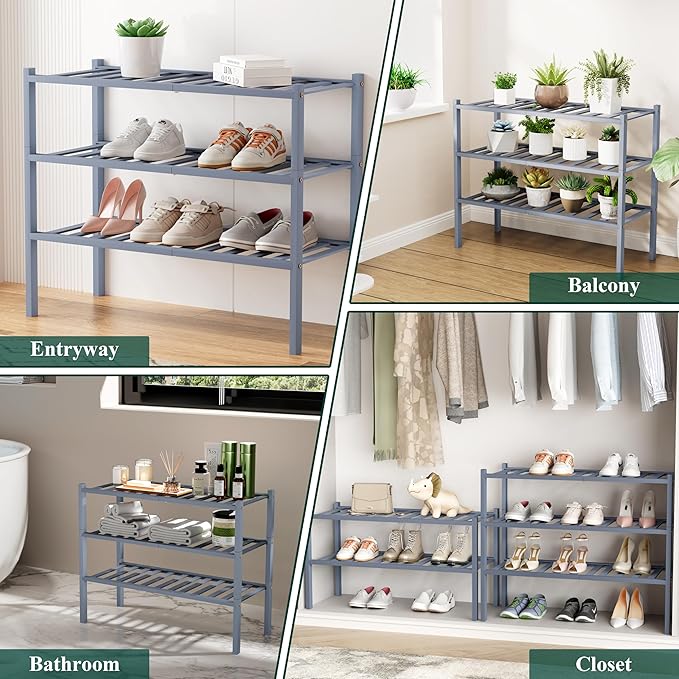 Smiry Long Bamboo Shoe Rack, 5 Tier Free Standing Wooden Shoe Organizer, Stackable Wood Shoe Storage Shelf for Closet, Entryway, 12 Vertical Slats, 2+2+1 Stack Standard Legs, 33.7"x11"x32.5", Grey