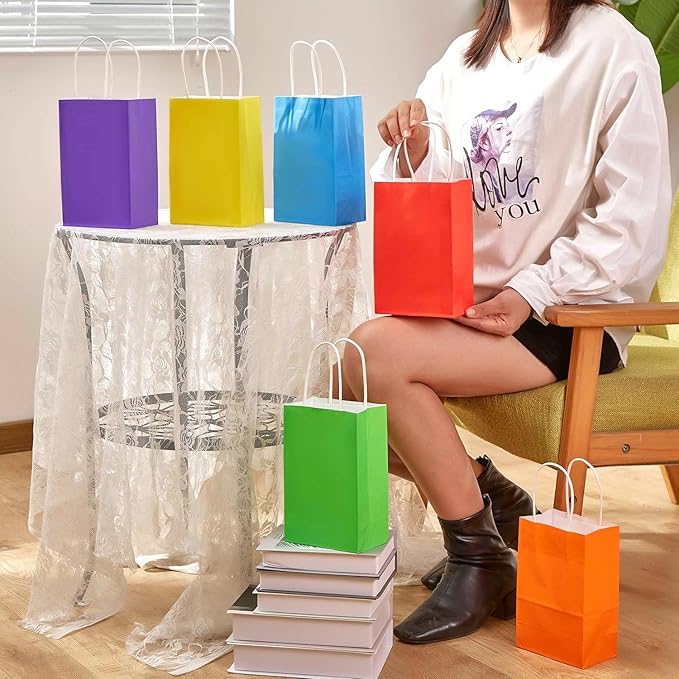 SUNCOLOR 12-Pack Yellow Gift Bags with Handles, 8 Inch Recyclable Paper Goodie Bags for Party Favors, Easter, Birthdays, Baby Showers