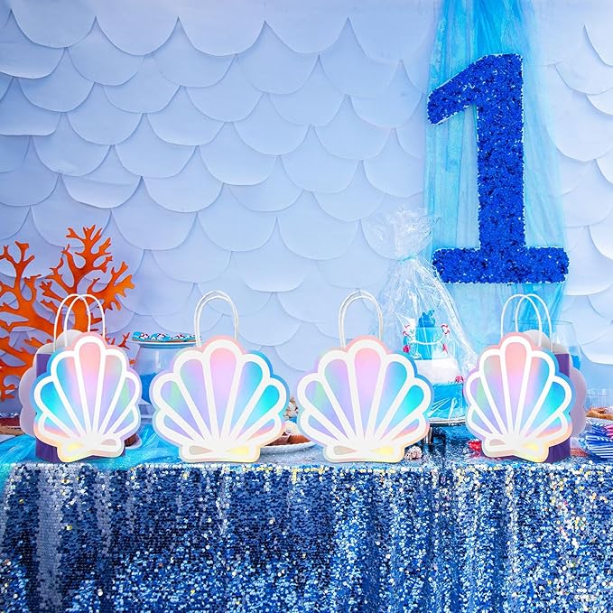 Locmeo 12 Pack Holographic Sea Shell Gift Bags Mermaid Party Favor Bags with Iridescent Shell Paper Cards for Mermaid Themed Supplies Ocean Under The Sea Party Favors