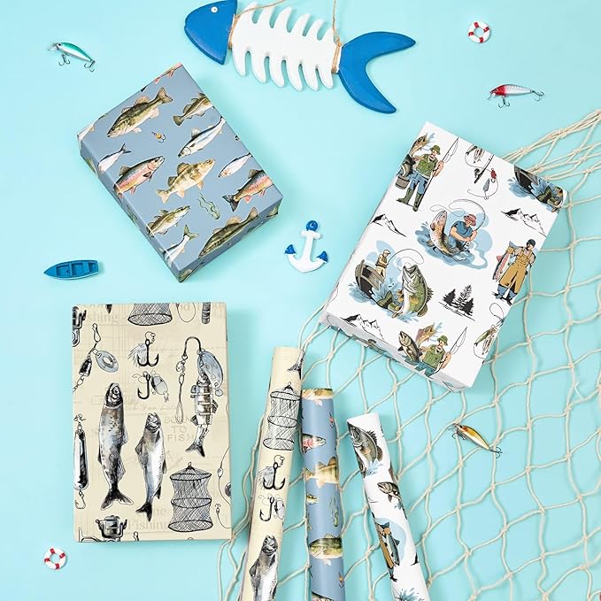 WERNNSAI Fishing Wrapping Paper Roll - 3 Rolls 17” x 120“ Fish Gift Wrap for Men Fishing Enthusiasts with Fishermen Fishes Fishhook Design Good for Birthday Father's Day Retirement Ocean Themed Party