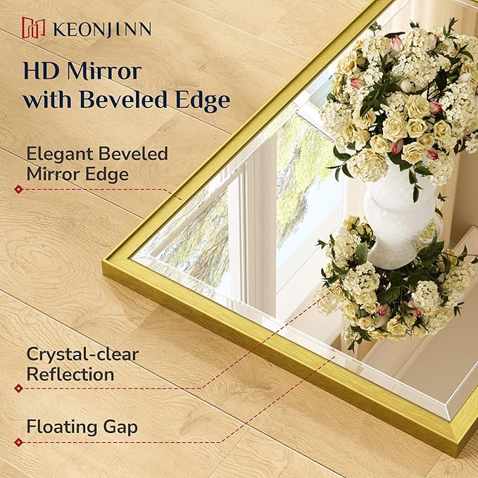 Keonjinn 72" x 36" Gold Bathroom Mirror, Decorative Metal Frame, Safe Beveled Tempered Glass, Shatterproof, Modern Farmhouse Large Rectangle Wall-Mounted Mirror for Living Room, Dining Room
