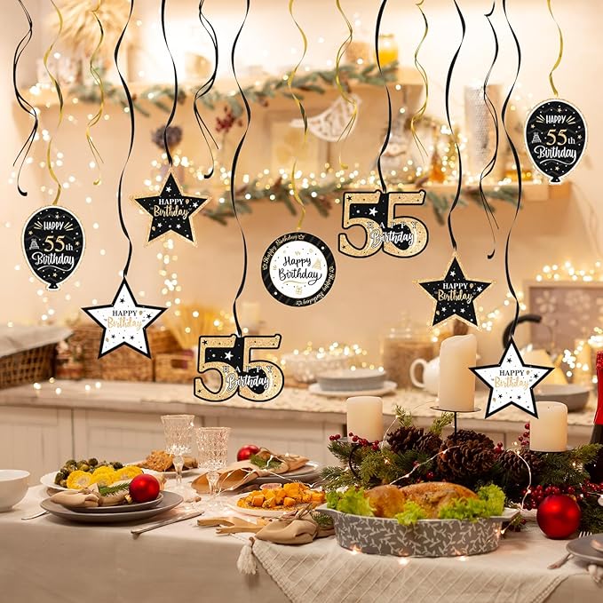 Happy 55th Birthday Black & Gold Glitter Swirls Streamers Party Decorations - 15 Pcs 55th Birthday Hanging Swirls Streamers Kit,Perfect for 55th Bday Party Sign.