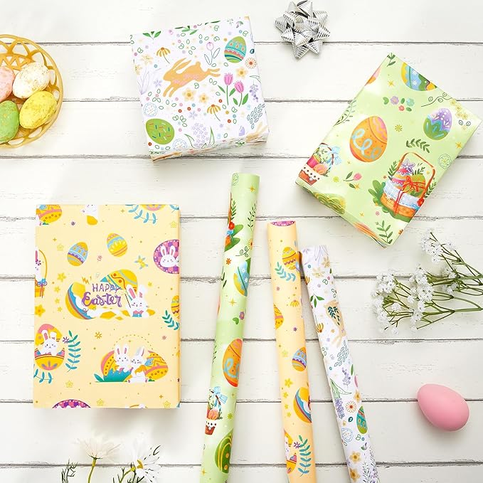 WERNNSAI Easter Wrapping Paper Roll - 3 Roll 17” x 120” Easter Gift Wrapping Paper for Kids Easter Bunny Wrapping Paper Yellow Green Easter Eggs Wrapping Paper Easter Decor Baby Wrap Festival Supply
