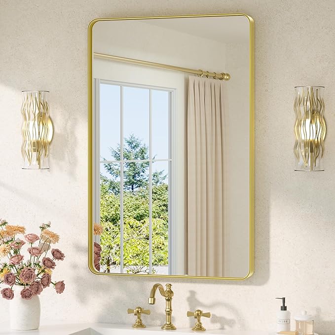 TETOTE Gold Mirror Bathroom 24 x 36 Brushed Gold Metal Framed Vanity Mirror, Tempered Glass, Modern Farmhouse Wall Mounted Mirrors for Decorative(Horizontal/Vertical)
