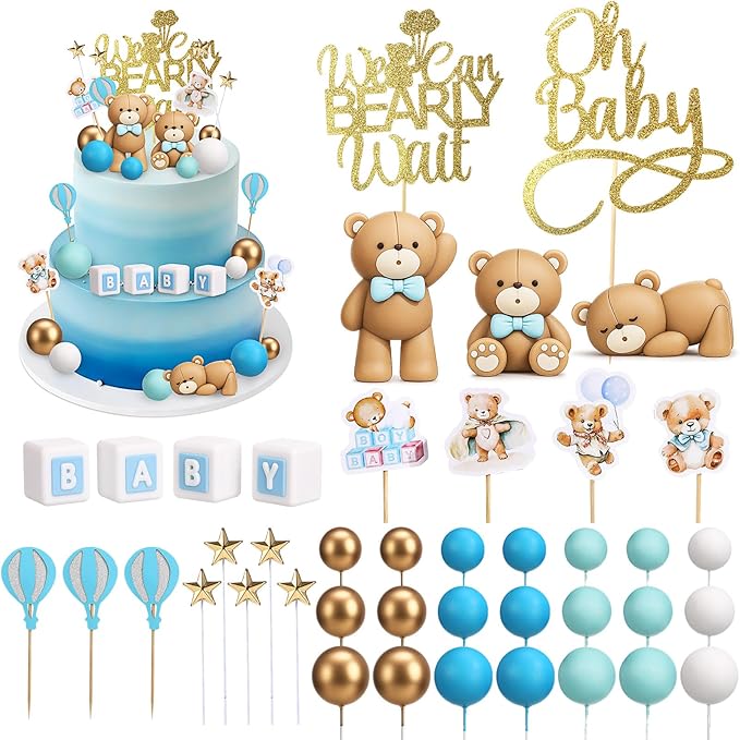 Beeveer 42 Pcs Bear Cake Toppers Bear Balls Cake Decorations Baby Shower Cupcake Toppers Candle Decorations Supplies for Birthday Party Wedding Baby Shower (Blue)