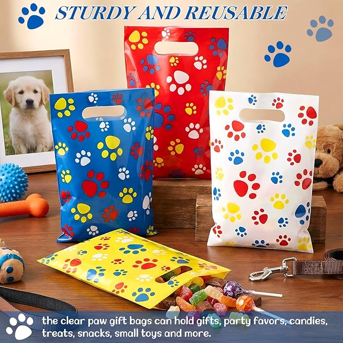 Pasimy 100 Pcs Dog Paw Gift Bags Bulk Pet Paw Puppy Plastic Treat Favor Candy Goodie Bags with Handle for Dog Birthday Party Decoration Supplies (Dark Blue Yellow Red)