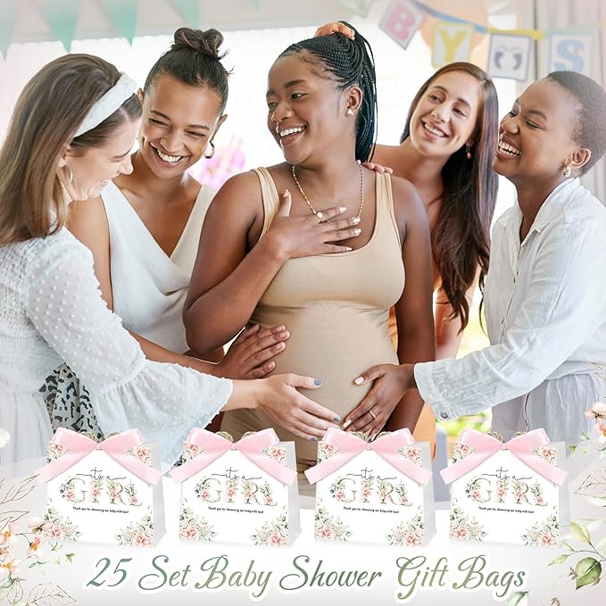 Spakon 25 Sets Its a Girl Baby Shower Party Favor Bags for Girls Floral Gift Bags with Handle and Ribbon Bow for Gender Reveal Birthday Party Decorations Supplies