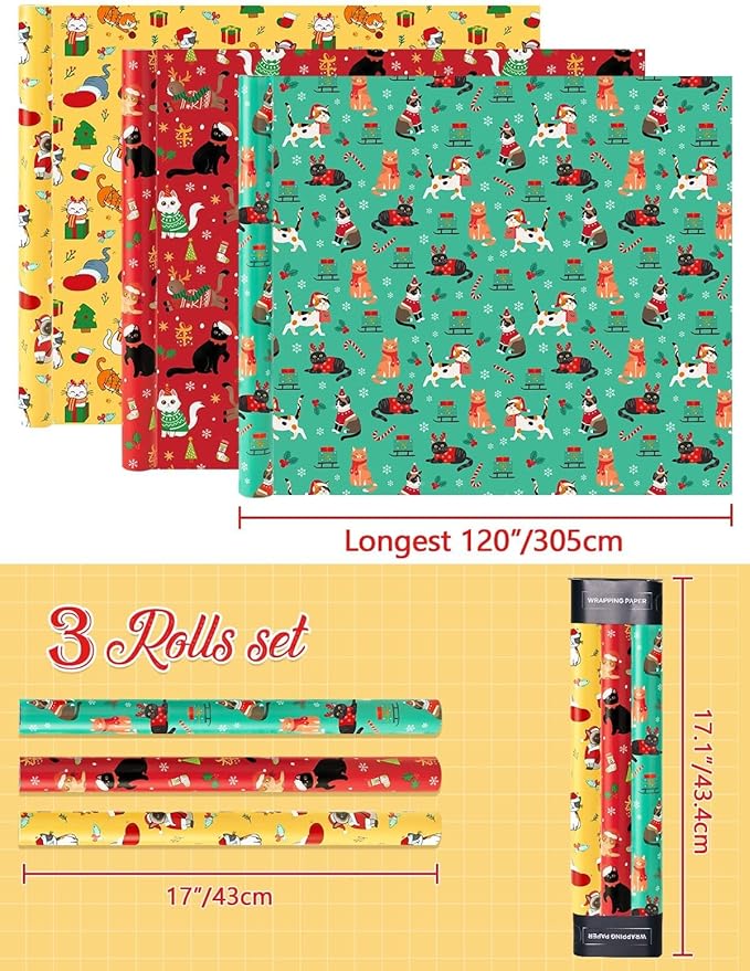 WERNNSAI Cat Christmas Wrapping Paper Rolls - 3 Rolls 17” x 120” Kids Cat Christmas Wrapping Paper Medium Roll Set Funny Kitten Christmas Wrapping paper Xmas Rolls Party Gift Decoration, for Girls/Boys