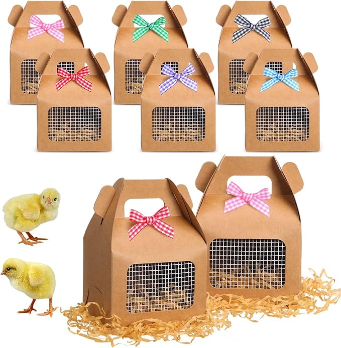 Maitys Chicken Birthday Party Favor Boxes Farm Animal Foldable Chicken Box with Raffia Grass Bow Paper Treat Goodie Boxes for Adopt Chick Party Birthday(Classic,3.94'' X 3.35'' X 3.15'',24 Pcs)
