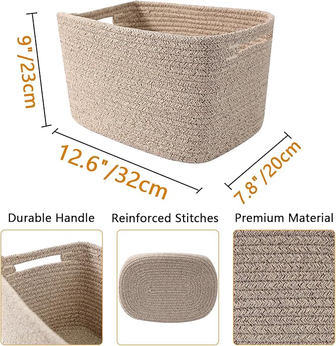 6 Pack Woven Rope Baskets,12.6"×9"×7.8" Storage Bins for Toys/Books/Towels/Clothes Organizer & Shelf Boxes,Gifts Baskets Empty for Nursery/Living Room/Nursery/Bedroom/Home Decor,Brown