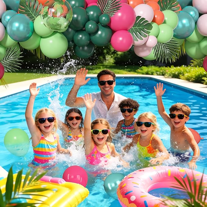 Ouddy Life 156pcs Tropical Balloons Arch Garland Kit, Hawaiian Summer Luau Party Decorations, Hot Pink Dark Green Orange Palm Leaves Balloons for Aloha Flamingo Beach Pool Baby Shower Birthday Decor