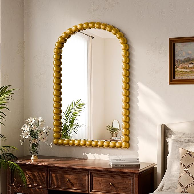 24"×36" Gold Arched Bathroom Vanity Mirror, Vintage Beaded Decorative Wall Mounted Makeup Mirror, as Wall Decor Hanging Leaning for Fireplace Mantle, Living Room, Bedroom, Vanity Area