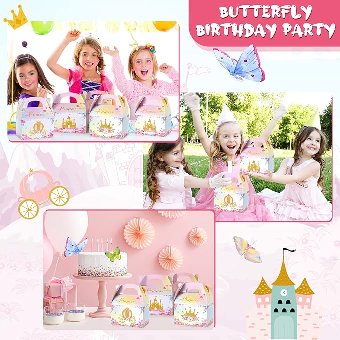 Nezyo Princess and Prince Treat Boxes - Pink & Blue Crown Cardboard Goodie Boxes for Birthday Party Favors(24 Pcs,Princess)