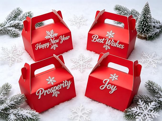 XAGLVV 24 Pack Red Cardboard Gable Boxes with Handles,Treat Goodie Party Favor Gift Box for Wedding, Birthday, Baby Shower and Any Theme Party