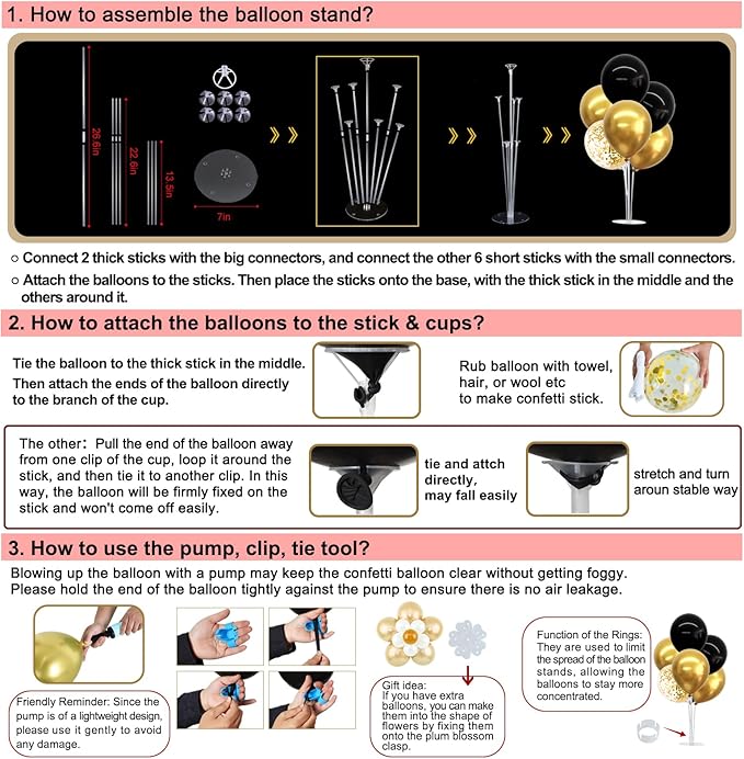 TONIFUL Table Centerpiece Balloons Stand Kit Include Black Gold Latex Confetti Balloons and Foil Crown Balloon for Birthday 2025 Graduation Anniversary Halloween New Year's Eve Party Decoration
