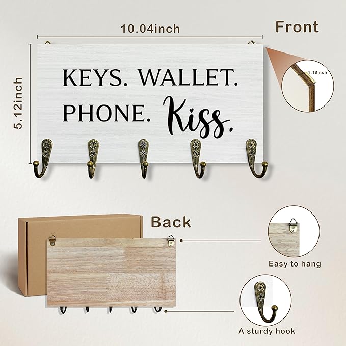 Keys Wallet Phone Kiss Key Holder for Wall 10"x5.12", Entryway Key Hanger Wall Mount, Gifts for Couples Family Cute House Wooden Hanging Keys Holder Decor for Entryway Front Door（5 Hooks）