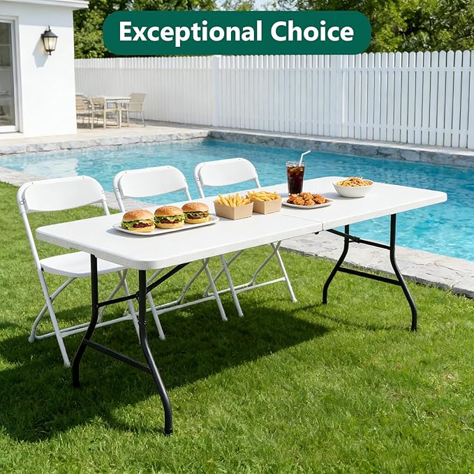 6ft Folding Table with Handle, Heavy Duty Plastic Table, 300 lbs Portable Table, Reinforced Steel Legs, High Density Plastic, Ideal for Parties, Picnics, Weddings,Camping (White)
