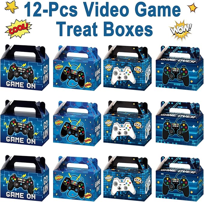 Tevxj 12 Pcs Video Game Bags Gamer Party Favors Treat Gift Boxes Gamer Candy Bags Gaming Party Favors Goody Boxes for Kids Boys Video Game Birthday Decorations Supplies 6 x 3 x 3.5 Inches（Blue）