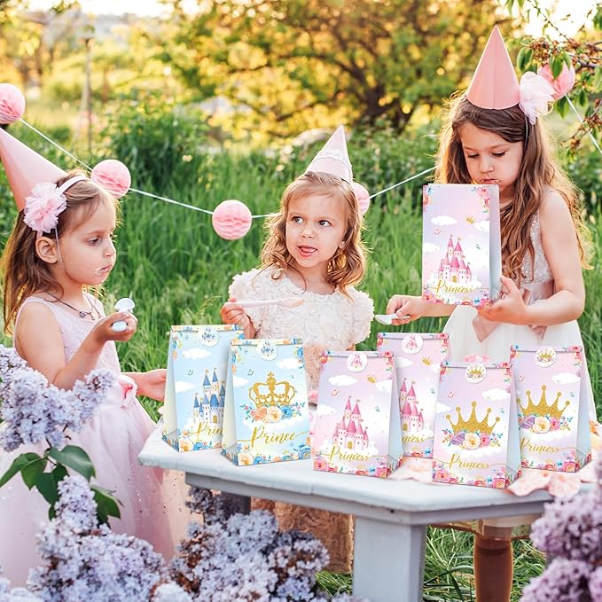 Nezyo 32 pcs Princess Prince Party Favor Bags Princess Themed Crown Castle Bags include 4 Style Sticker Handles Candy Goodie for Gender Reveal Girl Boy Birthday Supplies