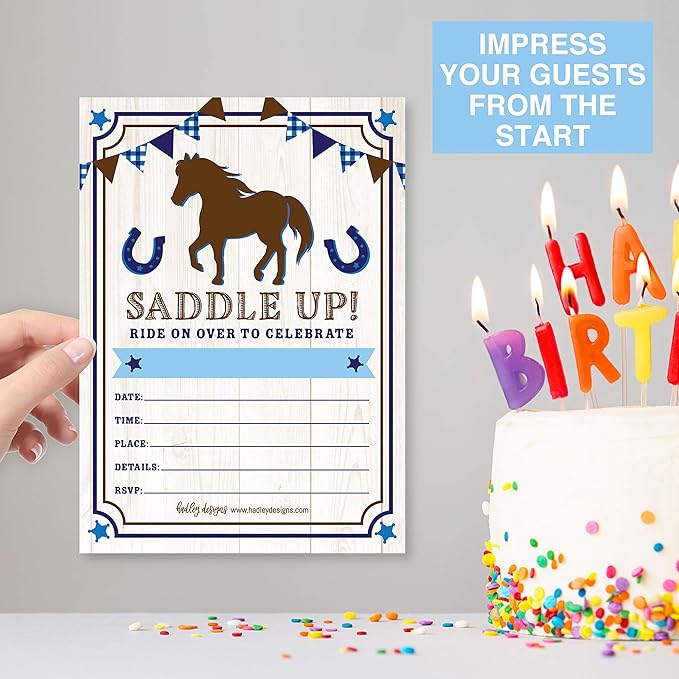 Hadley Designs Kids Birthday Invitations For Boys Horse Theme - 25 Horse Birthday Party Invitations For Boys, Saddle Up Invites For Boy, Cute Pony Party Supplies, Made In USA